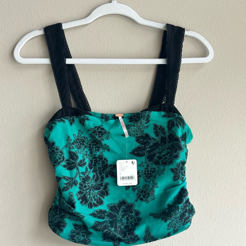 FP Movement by Free People Teal Floral Crop Top with Black Lace Straps